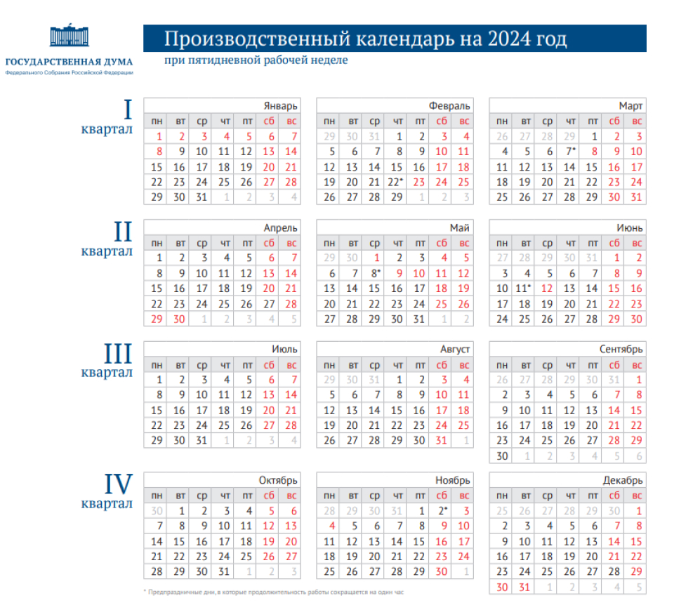 Производственный календарь на 2024 год на сайте Государственной Думы